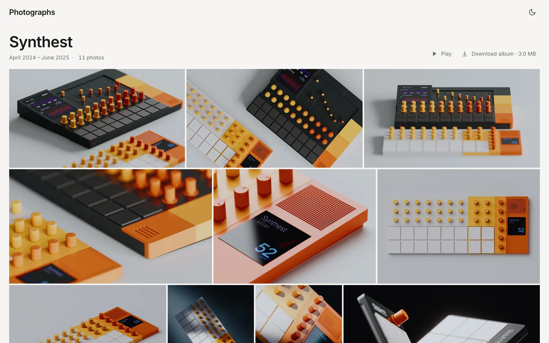 A site made with Revelar: an album page with a justified grid of photos, Play, Download album and Map