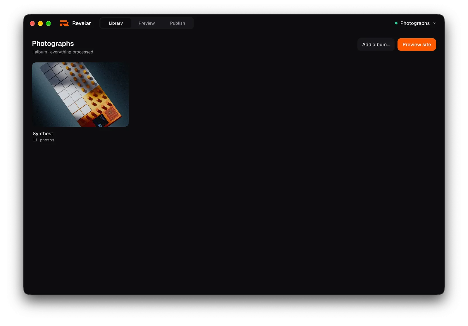 The library screen, with an album cover and the Preview site button