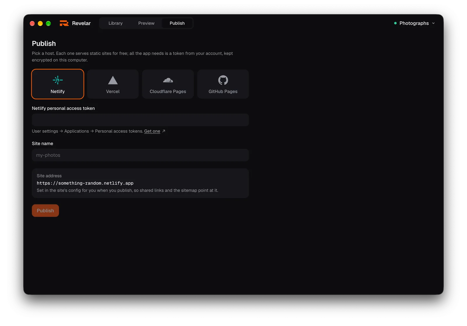 The publish screen, with four hosts to pick from